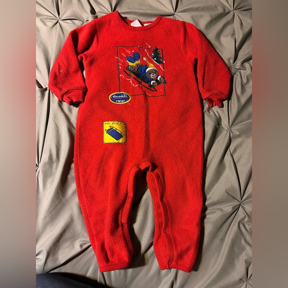 Vintage Y2K 90s Baby Okie Dokie Fleece Romper Pajamas 24 Months Christmas Red